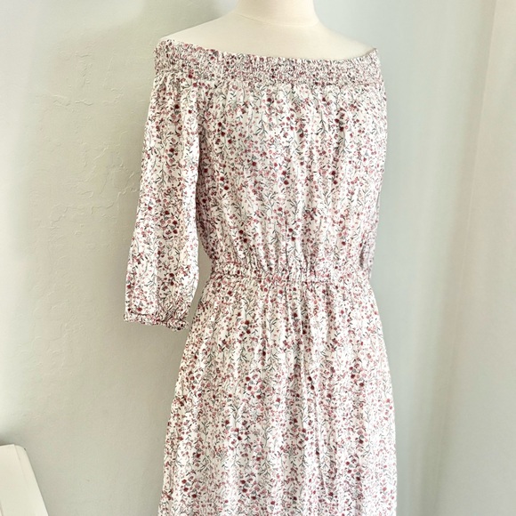 White Ditsy Floral Print Smocked Off-Shoulder Cotton Rayon Blend Dress, Small - Picture 3 of 7